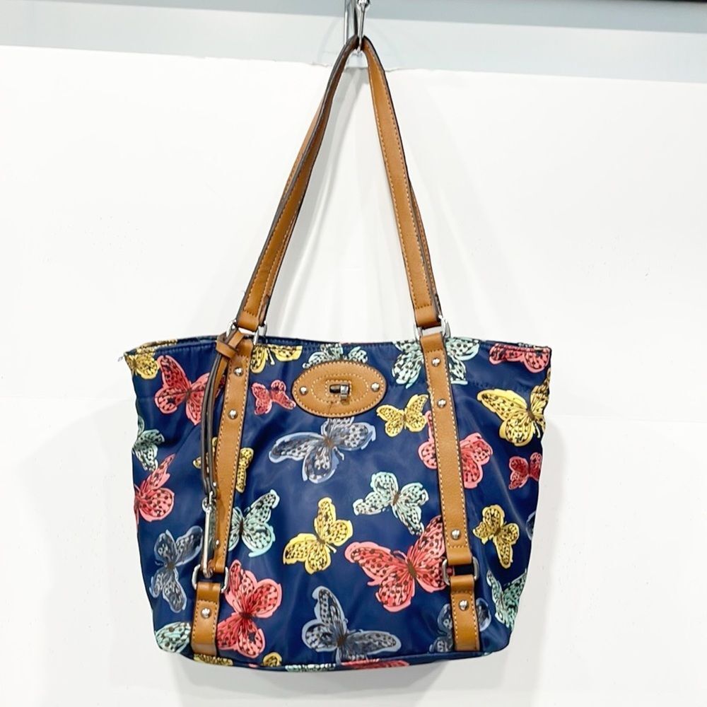 Franco Sarto handbag Navy butterfly print Water resistant Tote Bag Twist Clasp